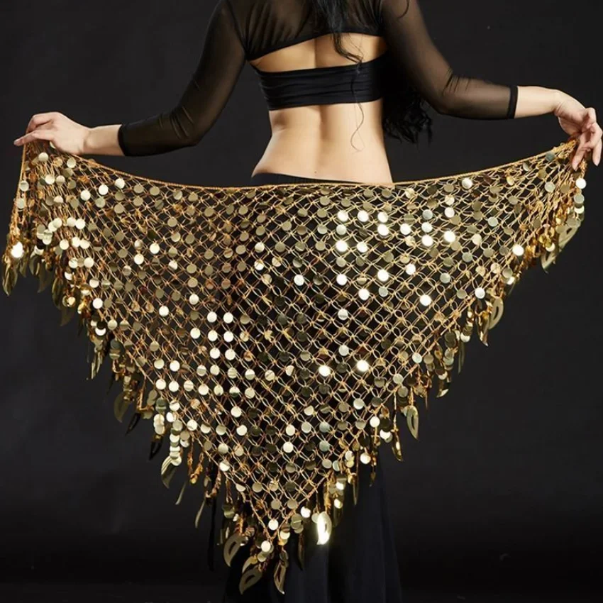 

New Belly Dance Hip Towel Fishing Net Sequined Triangle Towel Latin Dance Gong Piece Fringed Waist Towel Waist Chain