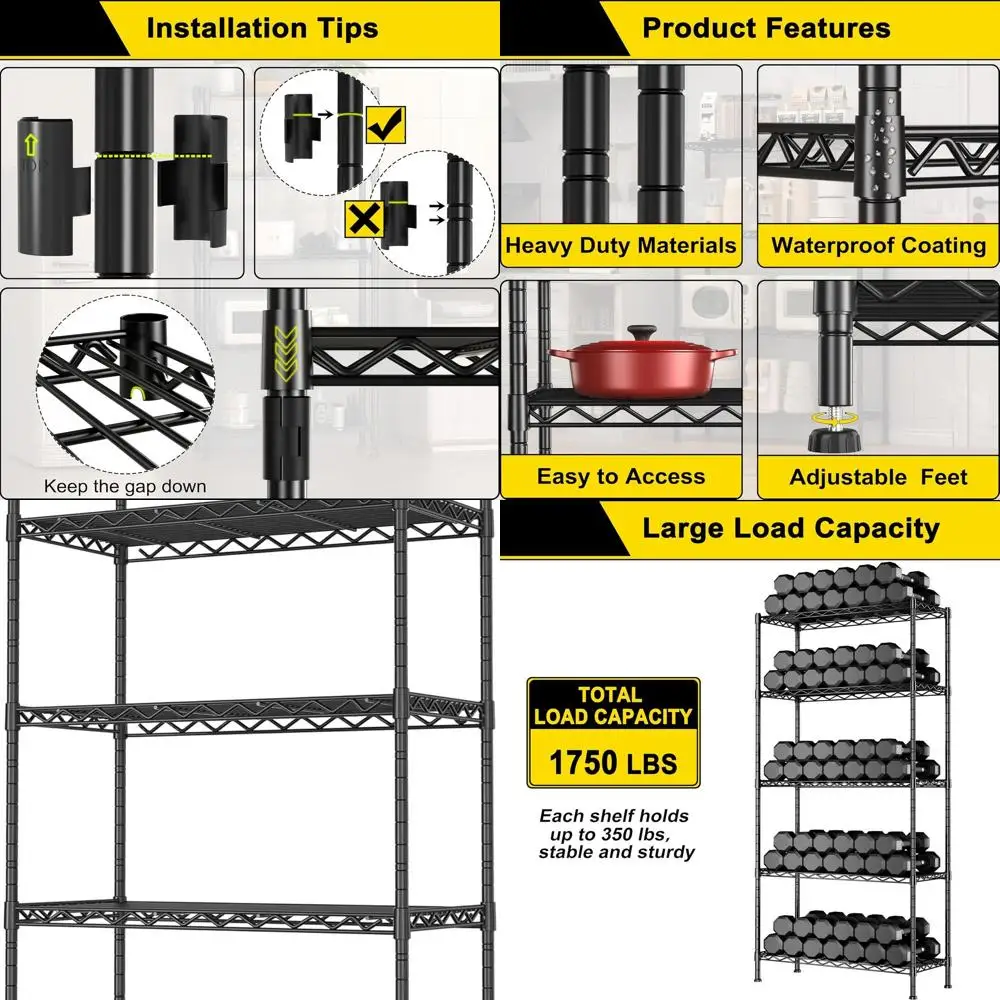 

Регулируемые 5-проволочные металлические стеллажи, емкостью 1600 фунтов, 36x18x72, для хранения на кухне и белья, черные