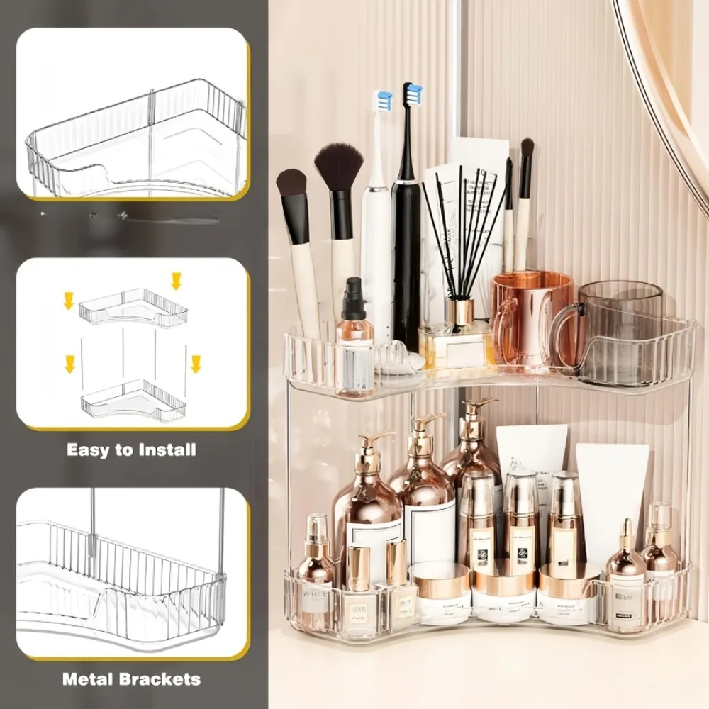 Elegant Metallic 2/3 Tier Gold Corner Vanity Rack – Decorative Countertop Corner Storage, Modern Makeup Organizer Shelf For Skincare Bottles, Lipsticks And Fragrance Collection