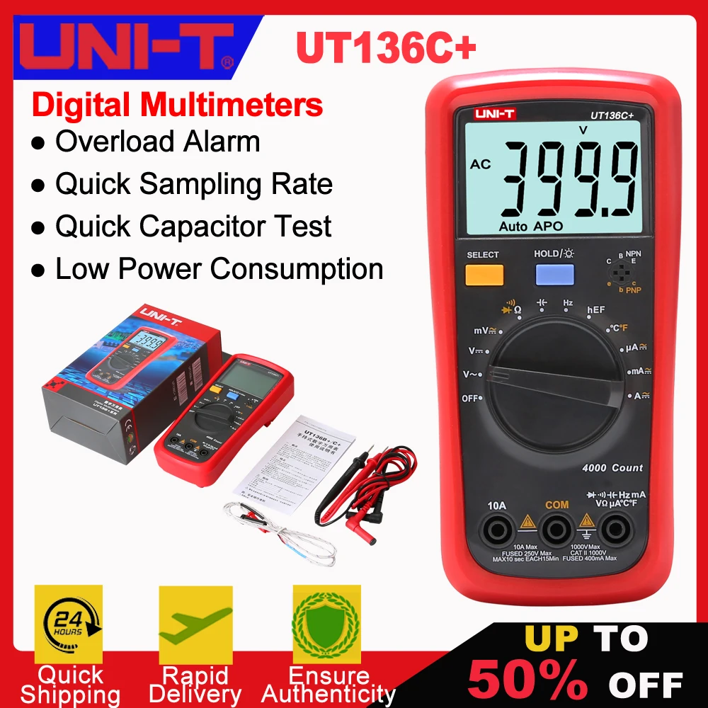 Imagem -02 - Multímetro Uni-t-digital Ut136b Plus Ut136c Plus 1000v 10a Desligamento Automático Tensão ac dc Medidor de Diodo Ohm Teste de Temperatura