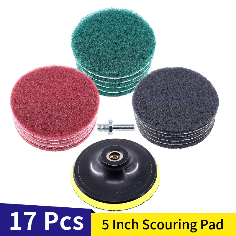 17Pcs 5 Inch Drill Power Brush Scrubber Scouring Pads Cleaning Kit with 125mm Disc Pad Holder for Bathroom & Kitchen Cleaning