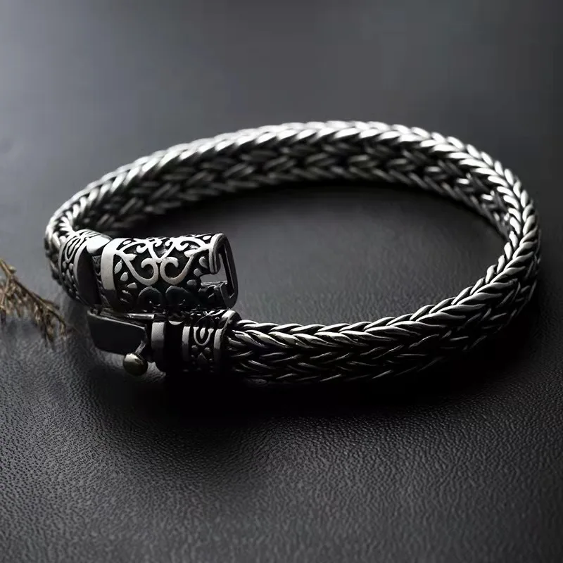 SR Silver Color Seiko Men Bracelet Creative Pure Woven Retro Trend Transfer Personality Thick Domineering Curved Buckle Jewelry