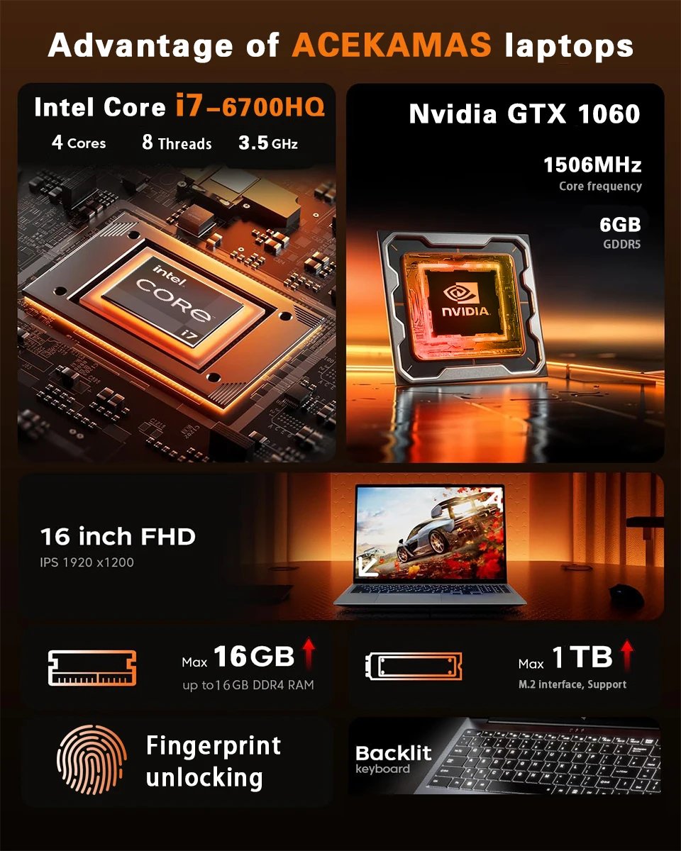 ACEKAMAS 2025 16 "كمبيوتر محمول للألعاب Intel Core i7 6700HQ GTX 1060 IPS 1920*1200 Windows 11 Pro Gamer PC DDR4 16GB SSD 1 تيرابايت أجهزة الكمبيوتر المحمولة