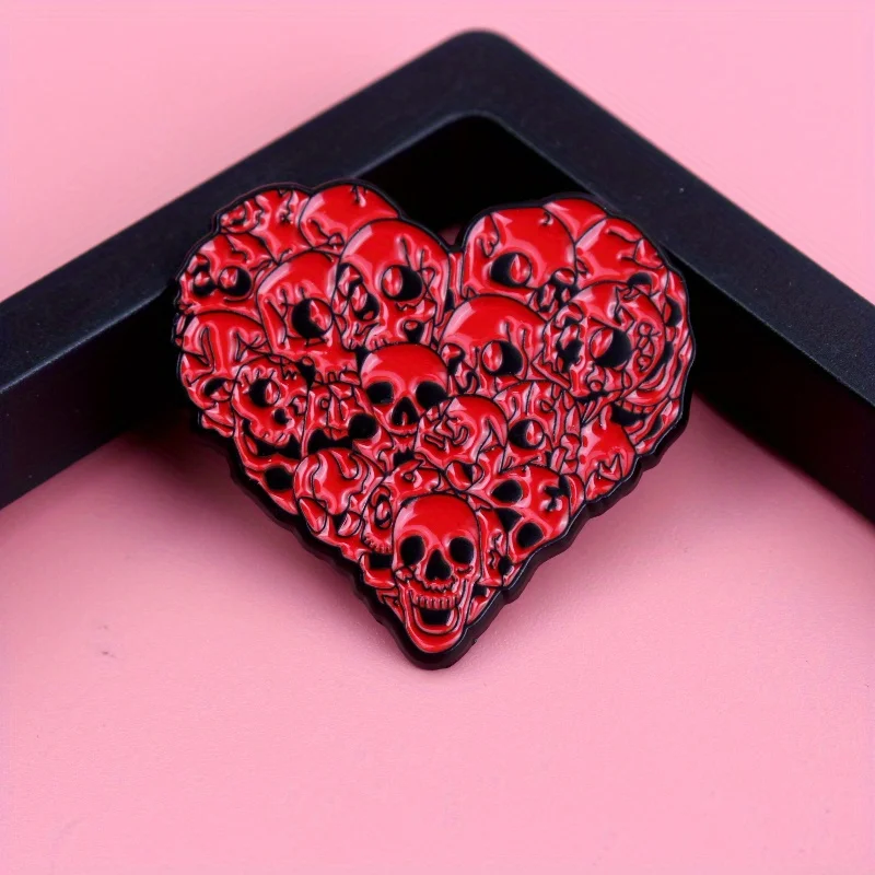 دبوس المينا على شكل قلب جمجمة من Edgy - إكسسوار فاسق قوطي بتصميم أحمر وأسود