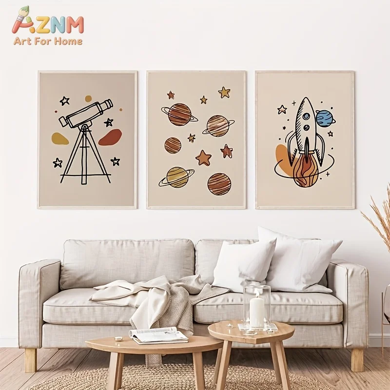 AZNM Tableau mural sur toile, style bohème, avec fusée spatiale, télescope et planètes, affiche imprimée de dessin animé d'astronaute et du système solaire, beige neutre, sans cadre