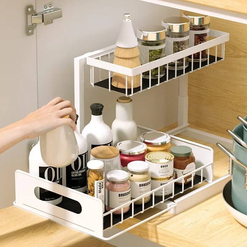 2-Tier Pull-Out Under Sink Organizer Shelf Cabinet Slide Out Rack Kitchen Countertop Drawout Storage Under Sink Sliding Shelf