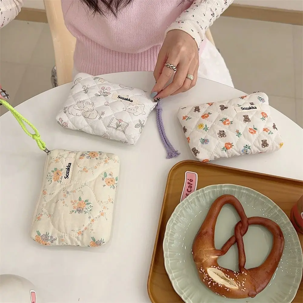 Fashion Flower Pattern Coin Purses Cotton Portable Storage Bag Small Zipper Pouch Earphone