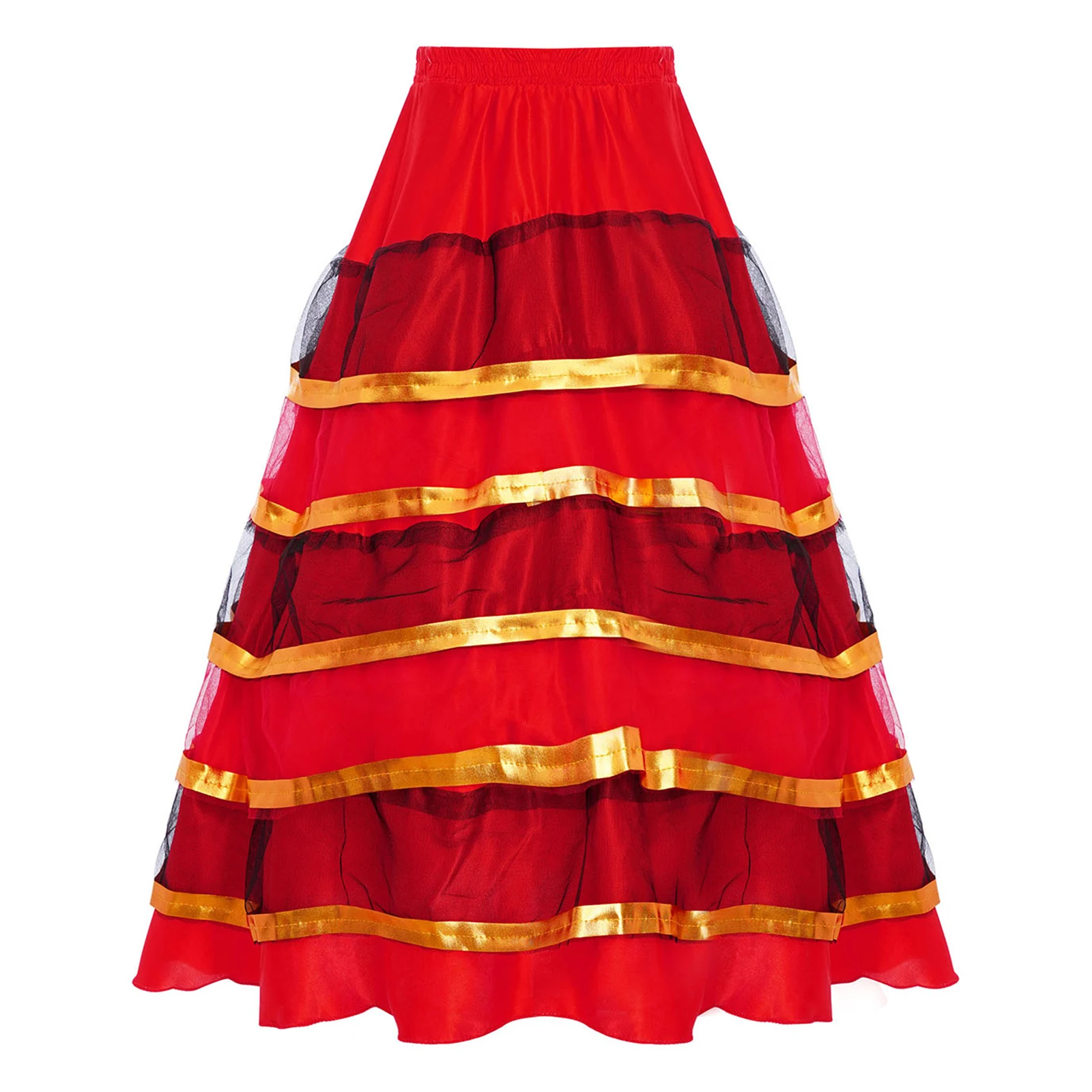Kids Girls Spanish Flamenco Ballroom Dance Performance Costume Metallic Gold Trim Tiered Ruffles 180 Degrees Wide Hemline Skirt