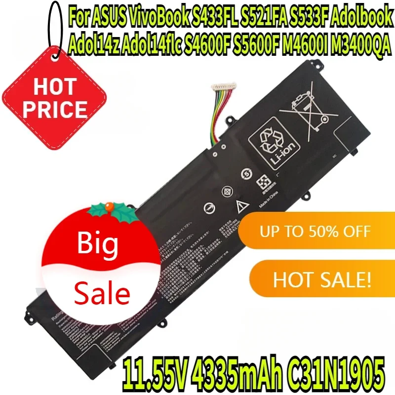 

11.55V 4335mAh C31N1905 Battery for ASUS VivoBook S433FL S521FA S533F Adolbook Adol14z Adol14flc S4600F S5600F M4600I M3400QA