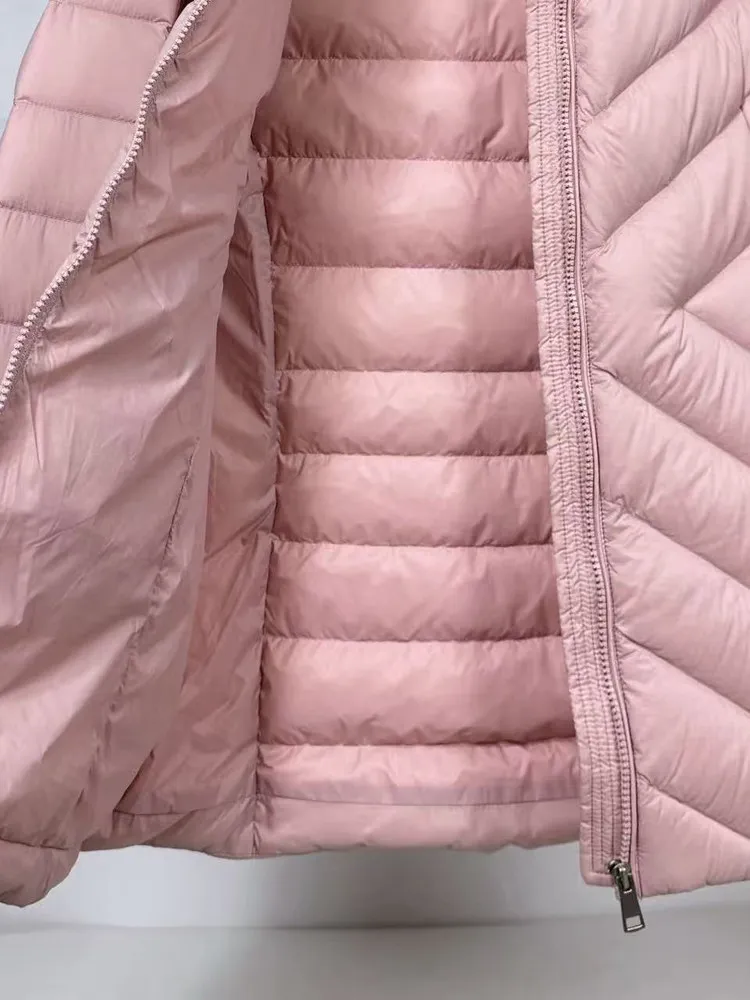 Abrigo de invierno ligero de plumas de ganso Puffer Jaet para mujer con capucha 90% relleno de costura de plumas Slim Fit Casual Sle