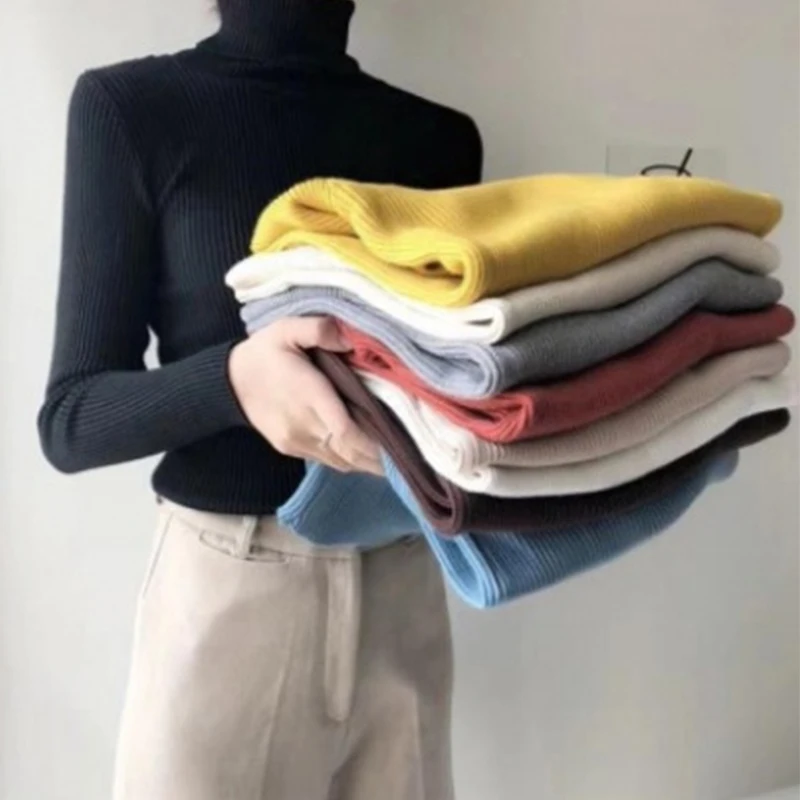 Women Turtleneck Sweater Knitted Ribbed Tops Basic Long Sleeve Pullover Warm Slim Fit Jumper Solid Knit Sweater  Bottom Shirts