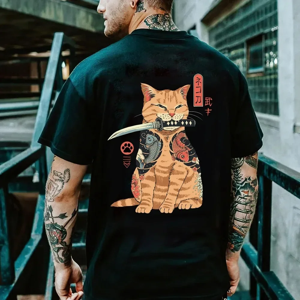 Japan Samurai Spirit T-Shirts  Bushido Male Cotton Oversize Crew Neck Harajuku  Hip Hop Comfortable Cartoon Anime Samurai Cat