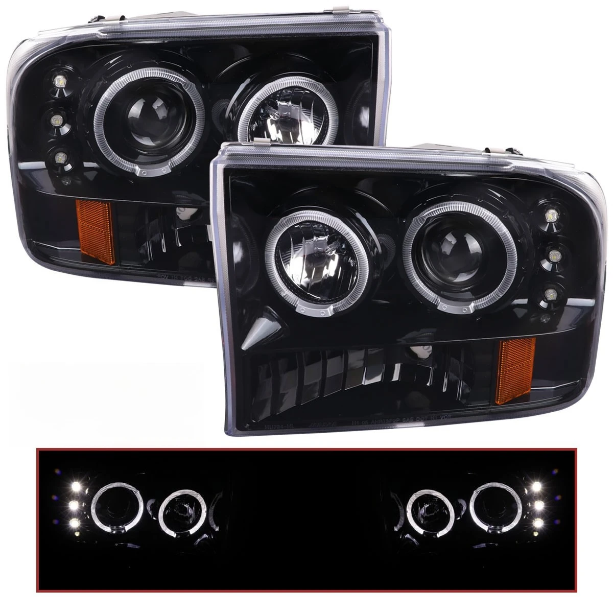 Jet Black Fits 1999-2004 F250 F350 Superduty LED Dual Halo Projector Headlights
