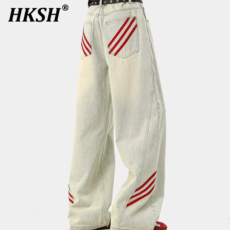 

HKSH Spring New Baggy Retro Striped Patchwork Wide Leg Jeans Men Tide Punk Spring Fashion Hip-hop Distressed Denim Pants HK4572