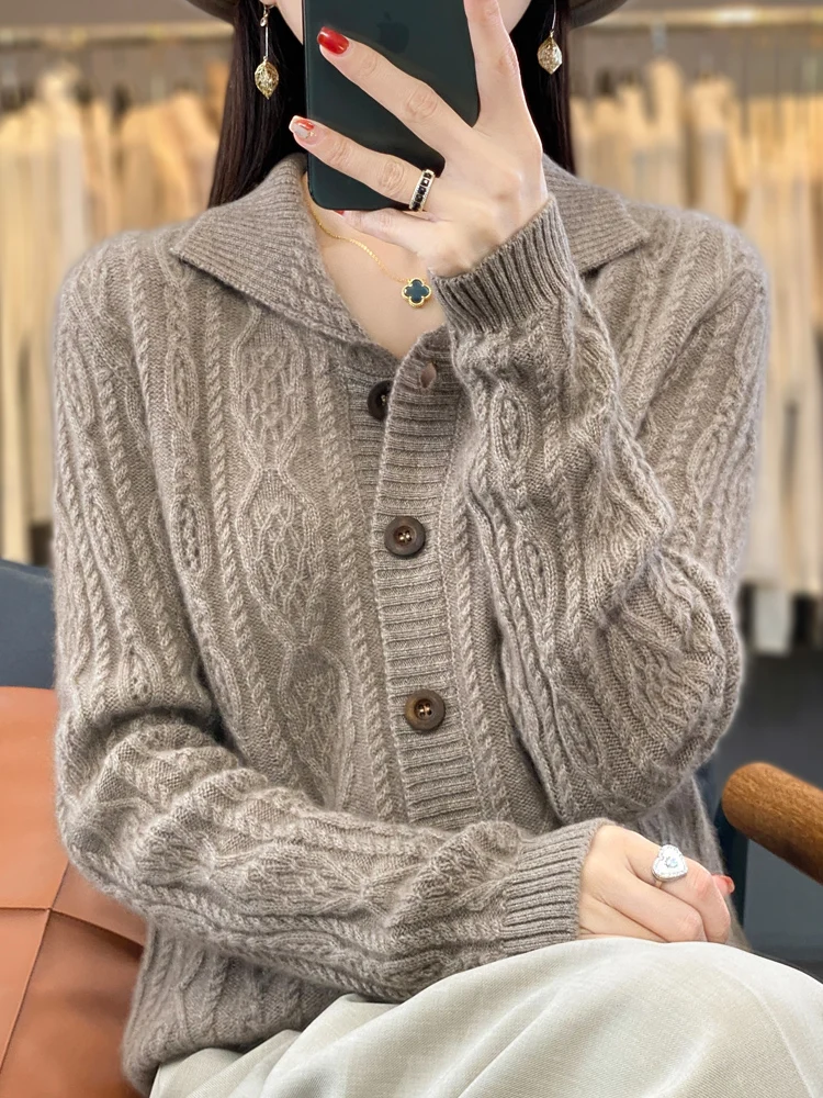 New Chic Women Cable Knit Sweater Thick Cardigan Autumn Winter 100% Merino Wool Long Sleeve Warm Cashmere Knitwear Korean Top