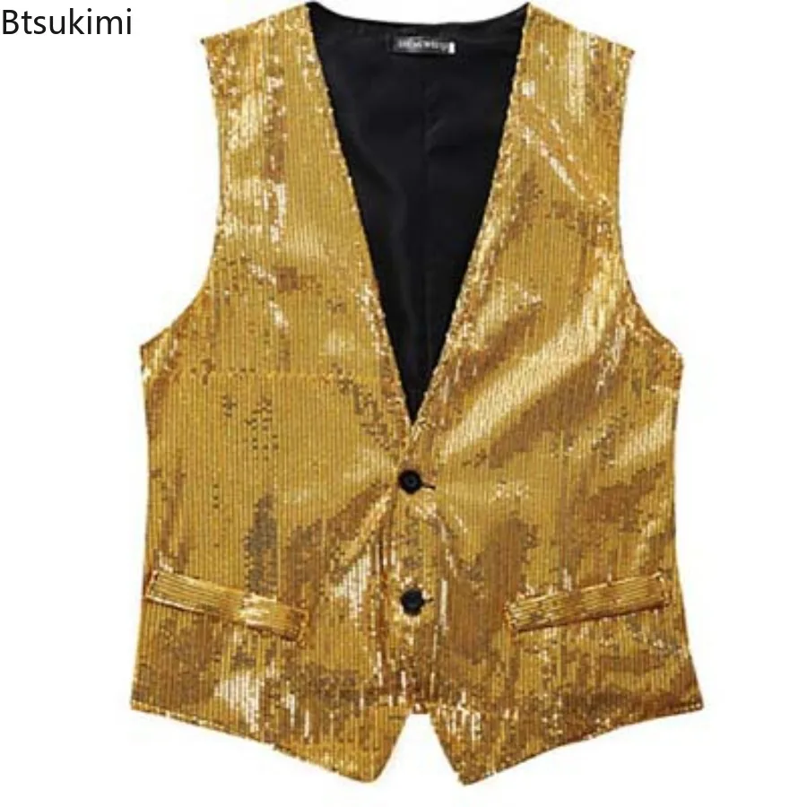 

Sparkling Sequin Vests New Men's Sleeveless Single Breasted Waistcoats Jazz Dance Performance Costume Hip Hop Rave Party Clothes