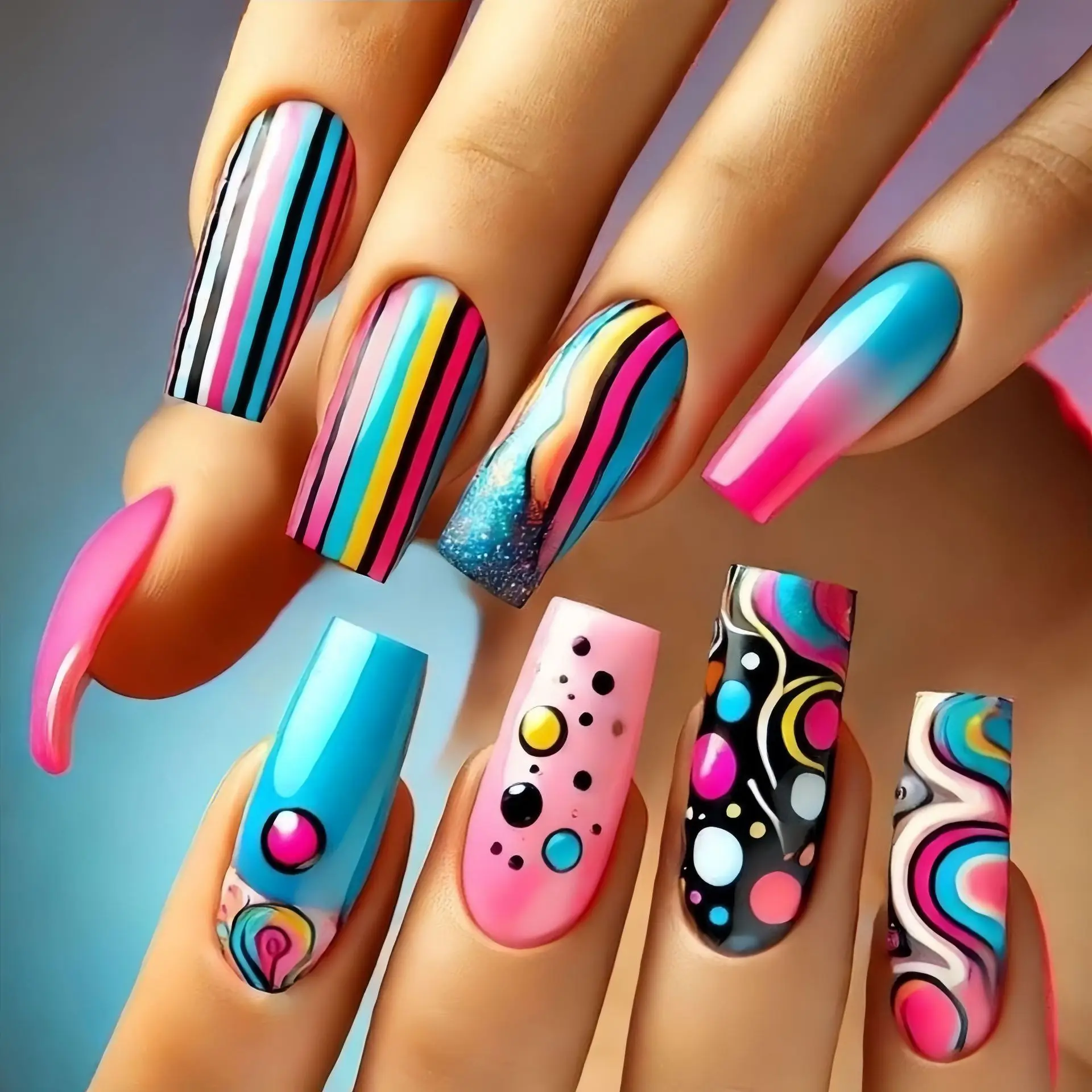 24 Stück/Set mittellange künstliche Nägel Y2K bunte Streifen Farbverlauf blau rosa schwarz Ballett quadratische Mandelspitzen zum Aufdrücken falscher Nagelkunst