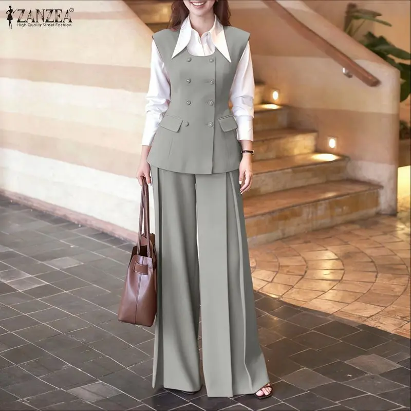ZANZEA Damen Elegante Party-Hosensets 2026 Modische Langarm-Hemden und Weite Hosen Büro-Damen-Sets Anzug Casual 2-teilig Streetwear