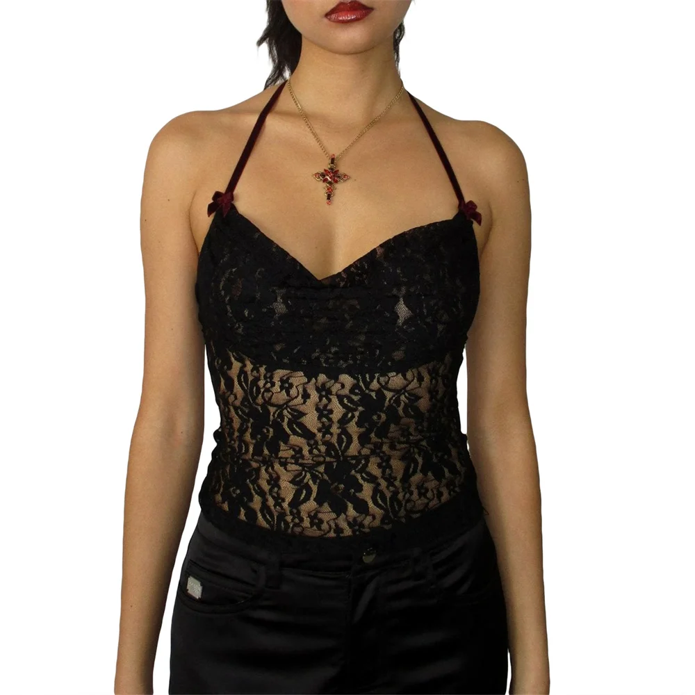 

Women See-through Lace Vest Summer Sexy Backless Sleeveless Lacing Halterneck Crop Tops for Club Party