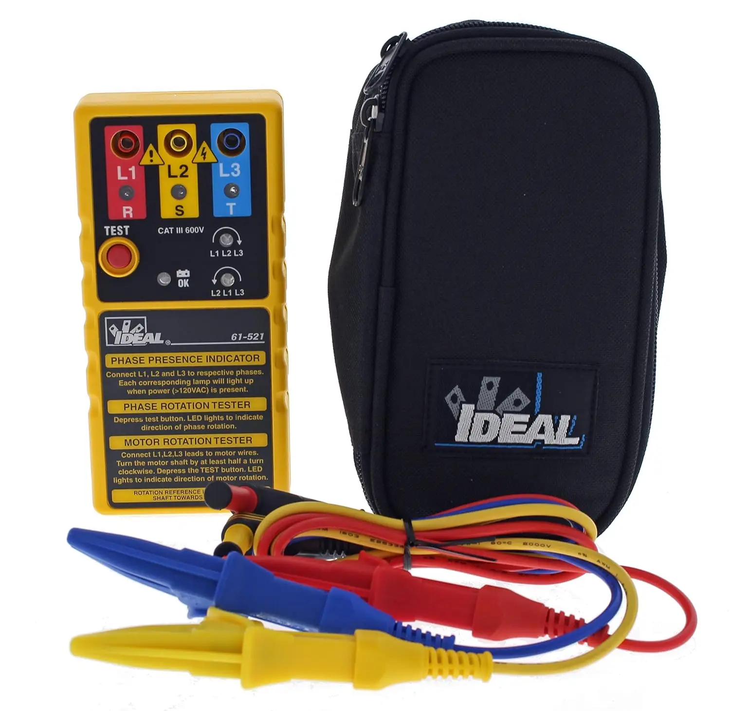 

3-Phase Motor Rotation Tester with Carrying Case and Leads, Ideal for Industrial Use