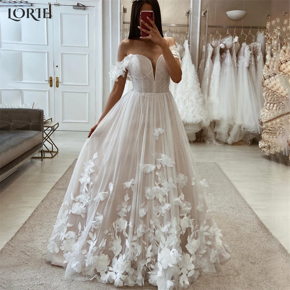 LORIE Vintage Lace Wedding Dresses Off Shoulder 3D Flowers Skirt A-Line Backless Bridal Gowns Appliques Sleeveless Bride Dress