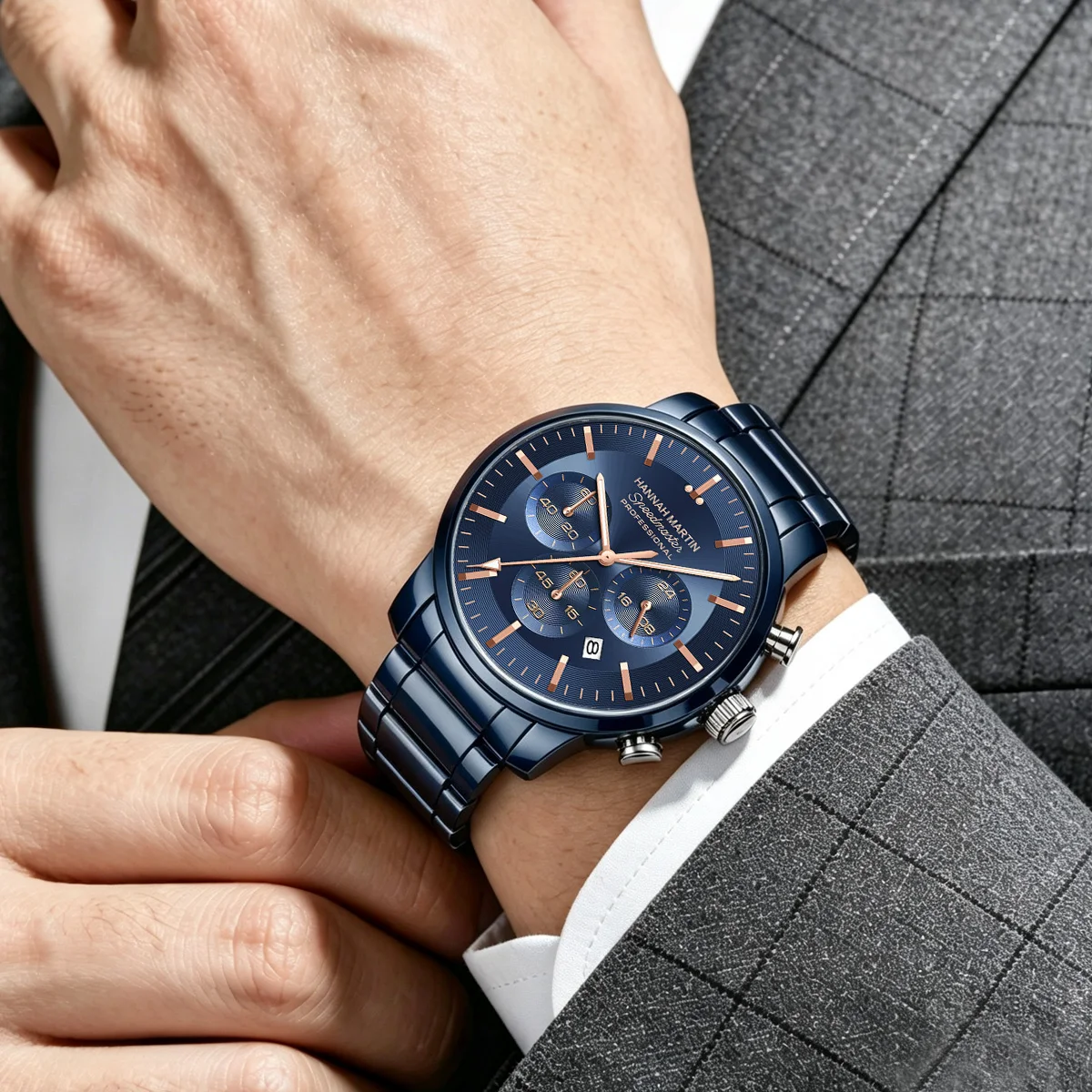 Hannah Martin Watch 46mm Case Multifunctional Timing Dial Blue Stainless Steel Leisure Quartz Waterproof Watches Freee Shipping image 6