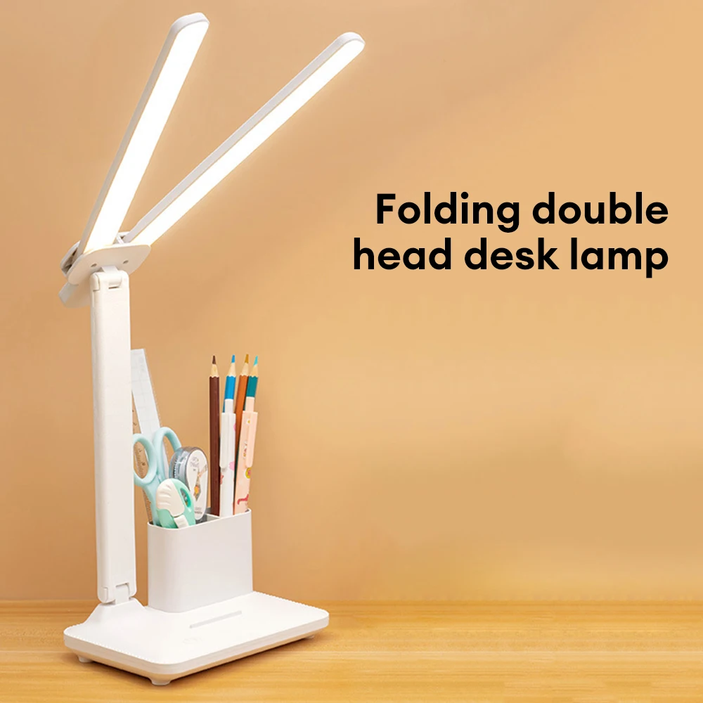 LED Double-head Desk Lamp USB Charging Eye Protection Lights Dimmable Foldable Reading Light with Pen Holder For Office