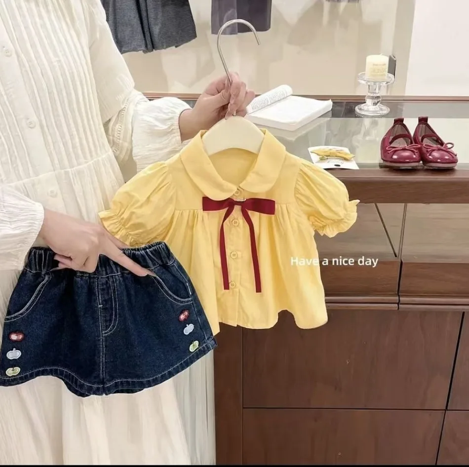 2 Piece Set Girls 2026 Summer New Cute Yellow Baby Girl Shirt Cowboy Casual Shorts Fashion Sweetheart Suit
