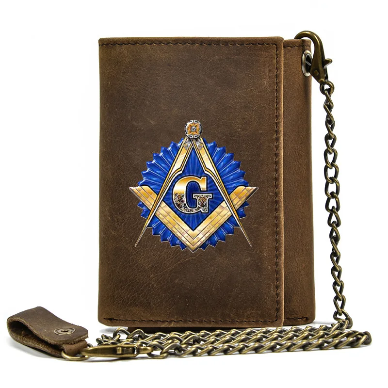 

Luxury Men Genuine Leather Wallet With Iron Chain Free And Accepted Masons Sign Printing Card Holder Short Purse Key Bag BT568