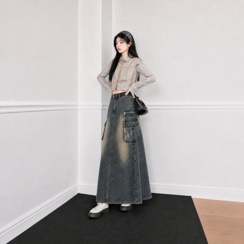 Damen High-Waist-Schlitz-Mermaid-Plissee-Cargo-Denim-Midirock, stilvolles Design, lässiger Damen-Midirock – Detail 5