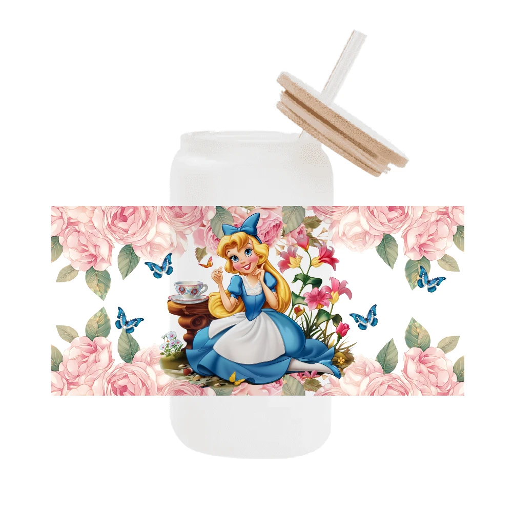 Disney Alice-envoltório de vidro impermeável para café, 3D, UV, DTF, 16oz