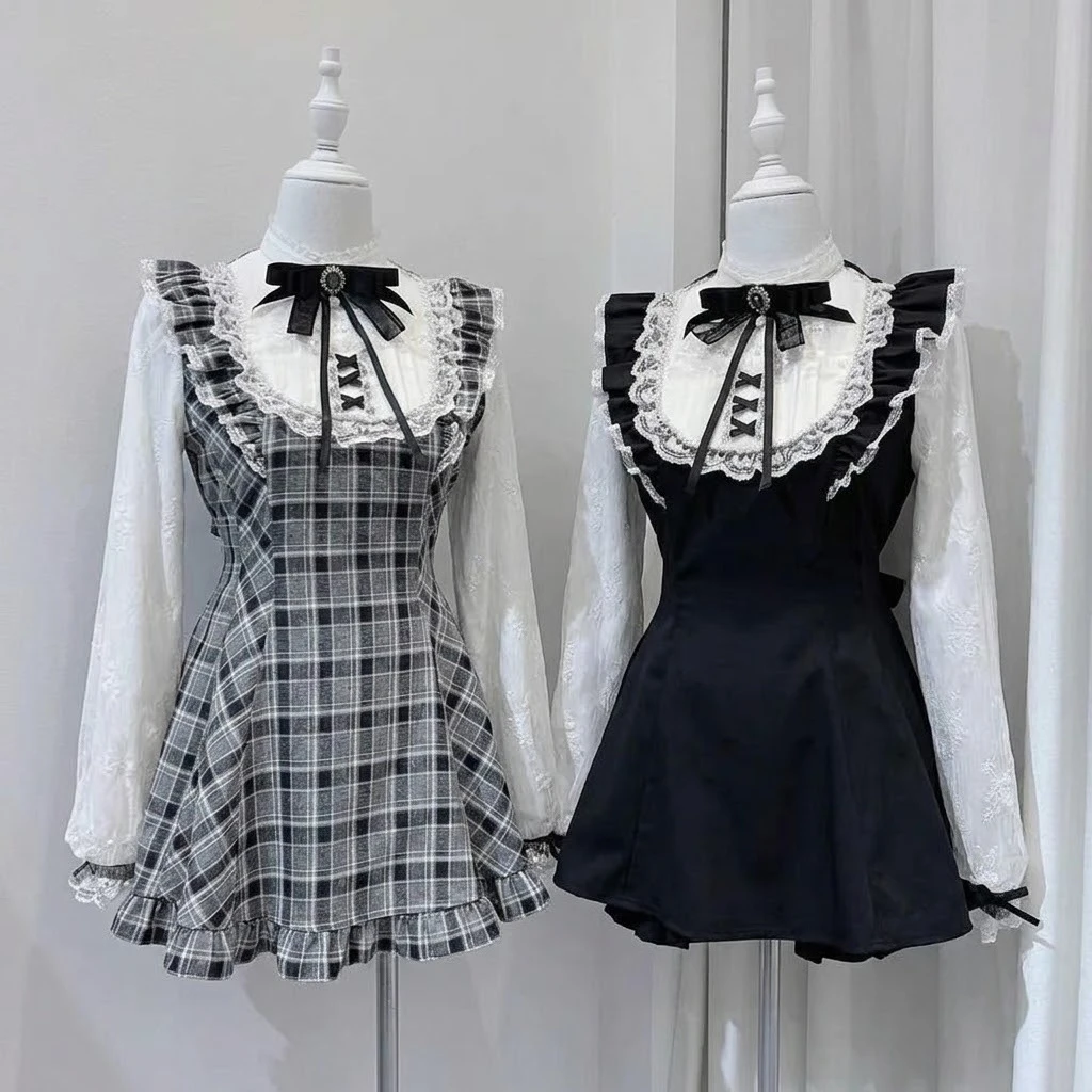 Japanisches Lolita Schleifen-Shorts-Set für Damen – Süßer Kawaii-Stil, Spitze, Y2K, schmales Kleid, Oberteile, Harajuku Partykleid, Freizeit, 2026 Streetwear