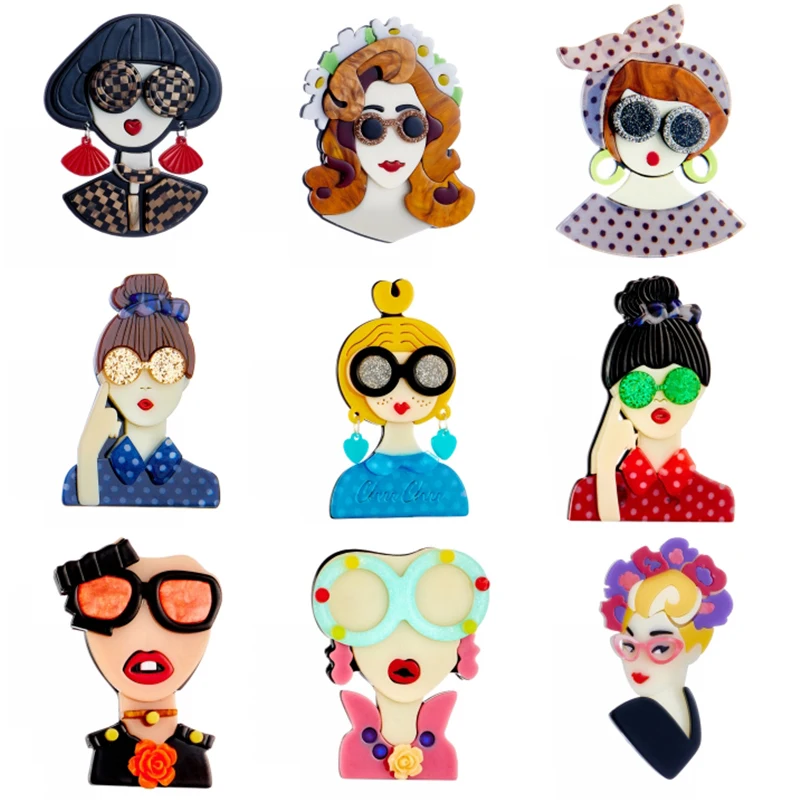 YAOLOGE Lovely Girl Figure Acrylic Brooches For Women Kids Cute Wear-Glasses Lady Badge Lapel Pins Fashion Party Jewelry Gift