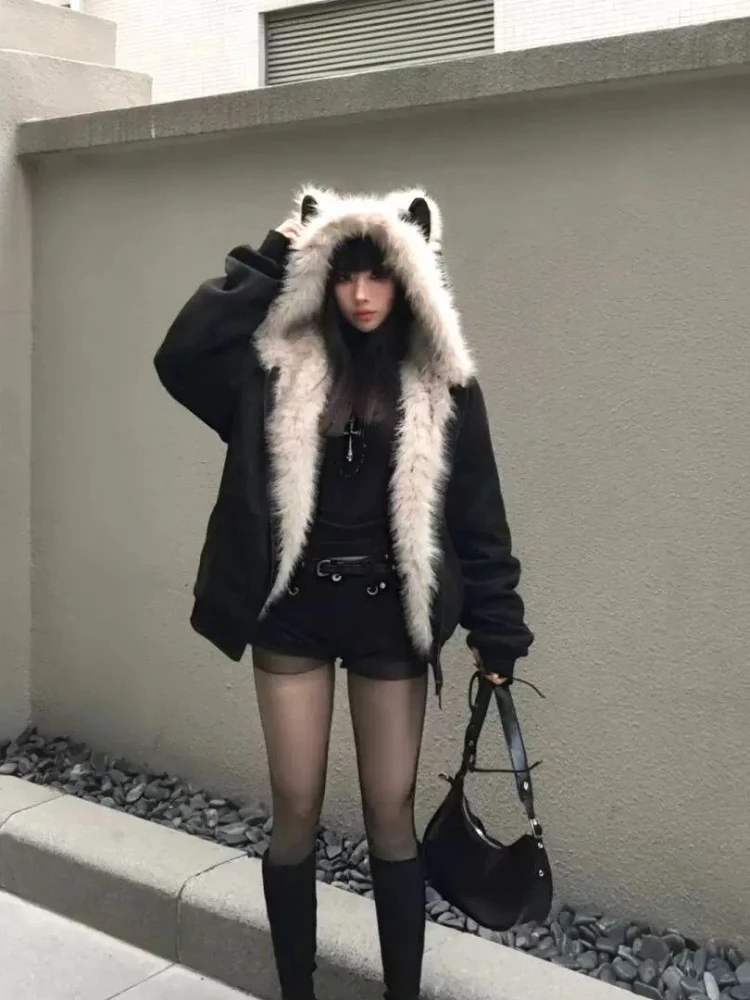 Y2k الأمريكية خمر سترات طويلة الأكمام مقنعين المرأة آذان القط عادية معطف لون نقي فو الفراء طوق الشارع الشهير 2025 الخريف