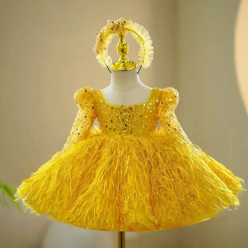 Elegant Yellow Customized Flower Girl Dress For Wedding Long Sleeve Knee Lenght Kids Birthday Party First Communion Gown