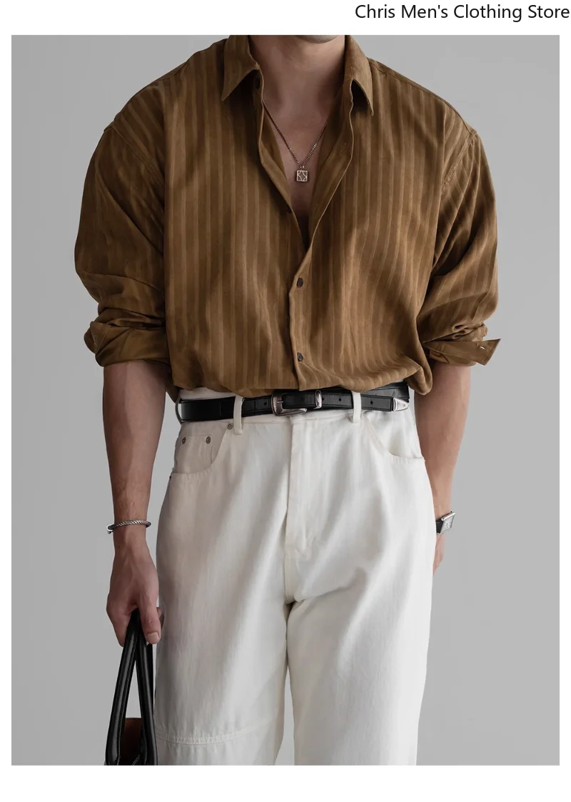 

Мужской осенний топ в стиле ретро, легкая мужская одежда для взрослых, мужская деловая повседневная рубашка с длинными рукавами, модная рубашка в вертикальную полоску