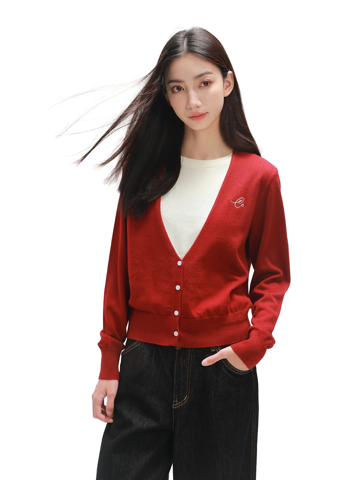 

COIE Tri-Color Knitted Sweater V-Ne Loose Long Sve Lazy Sle Fake Two-Piece Open Cardigan Soft Nylon Blend Women's Top