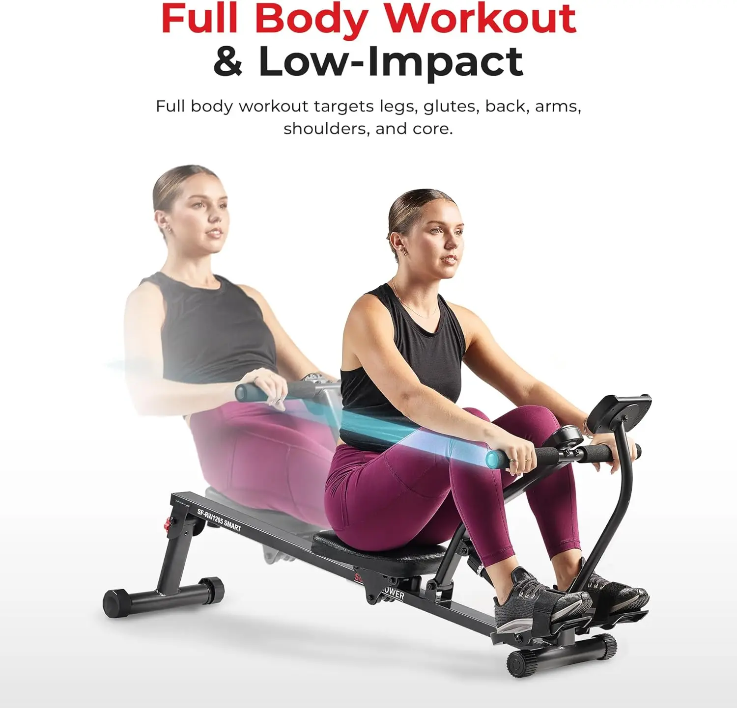 Compact Adjustable Rowing Machine with 12 Levels of Resistance.Optional Free SunnyFit App Enhanced Connectivity