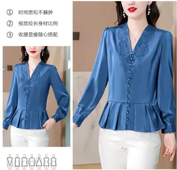 Womens Chinese style embroidered shirt long sleeved top V-neck shirt slim top