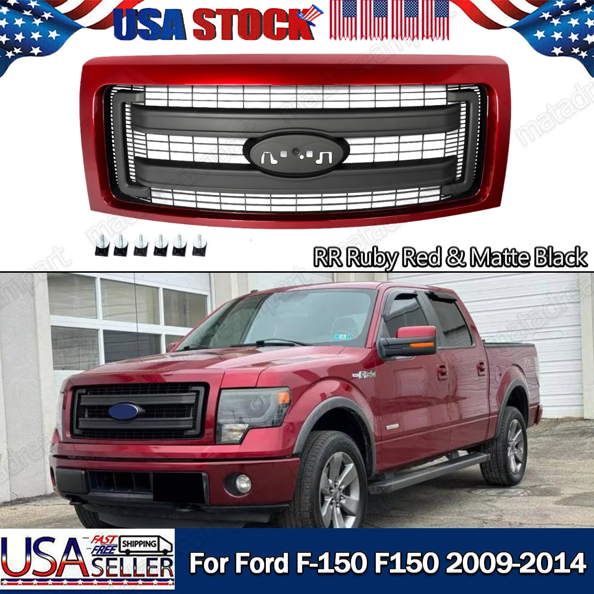 RR Ruby Red Front Grills For Ford F150 F-150 XL XLT 2009-2014 Car Front Bumper Upper Grille Front Hood Mesh Grille Racing Grills