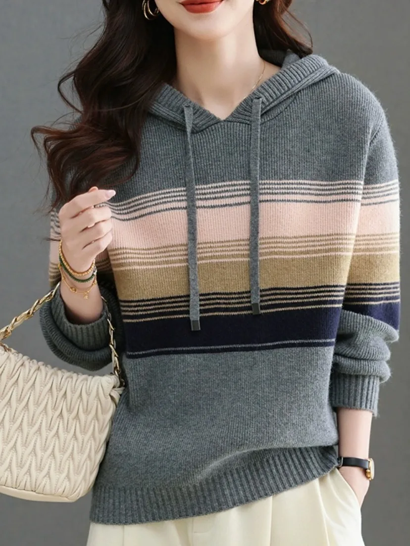 

Повседневный шерстяной свитер в полоску больших размеров, удобный свитшот для мам, мягкий вязаный топ, элитный европейский слэ для женщин