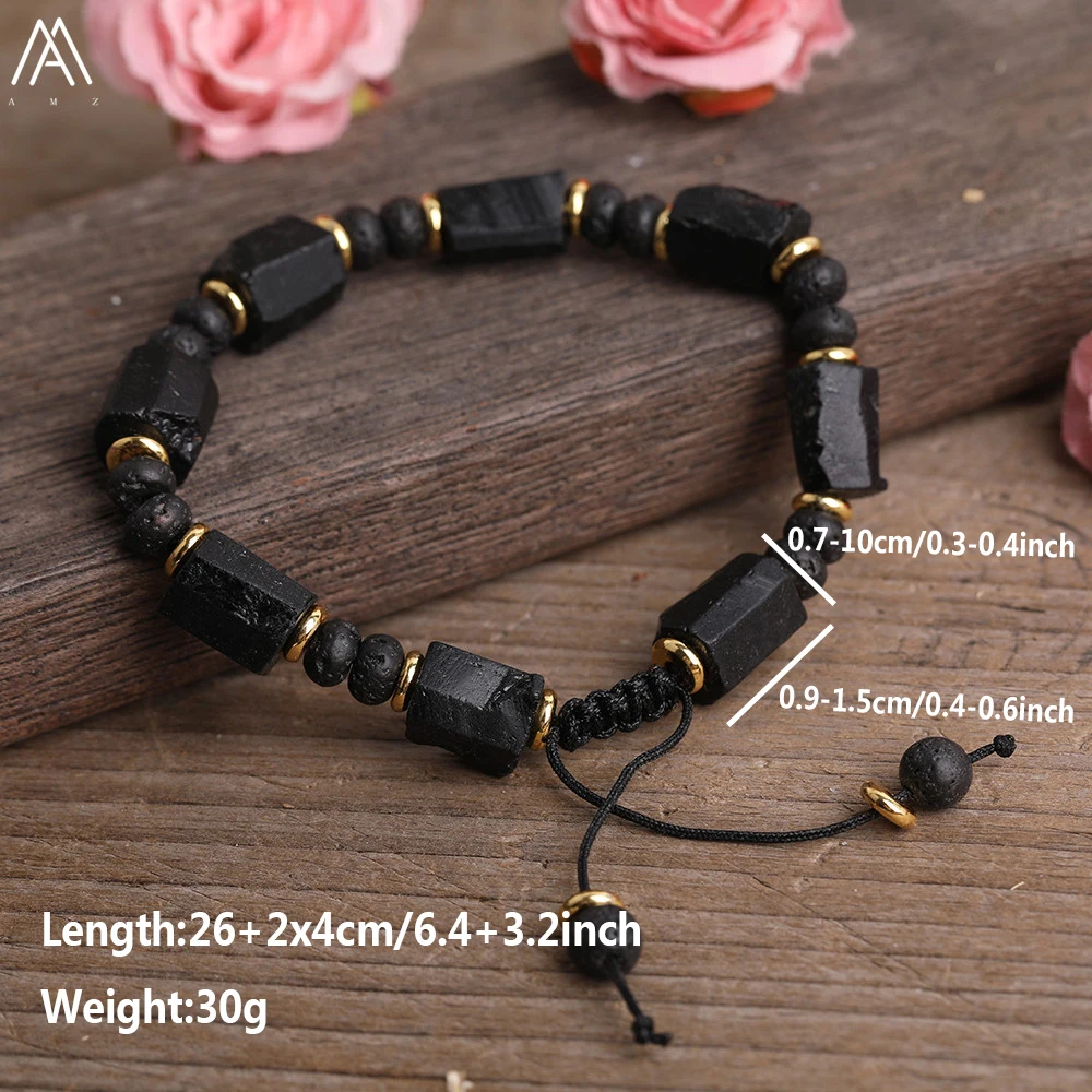 Natürliche schwarze Turmalin-Stein-Nugget-Perlen, schwarze Lava-Rondelle-Perlen, Kordel, geknotet, verstellbares Armband für Damen, Boho-Seil-Armband – Detail 4