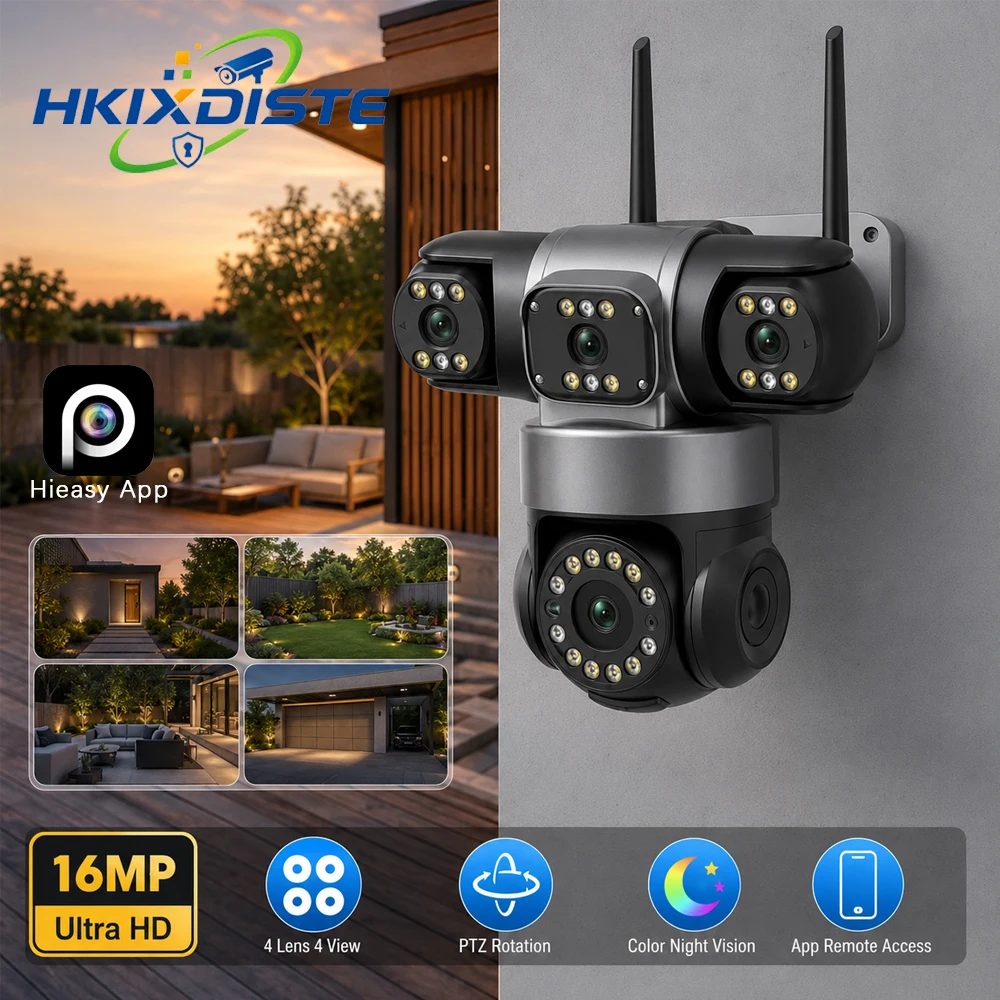 

4 Lens 4 View 16MP WiFi Outdoor Security Camera PTZ 355 Pan 90 Tilt Auto Tracking Full Color Night Vision Waterproof Hieasy App