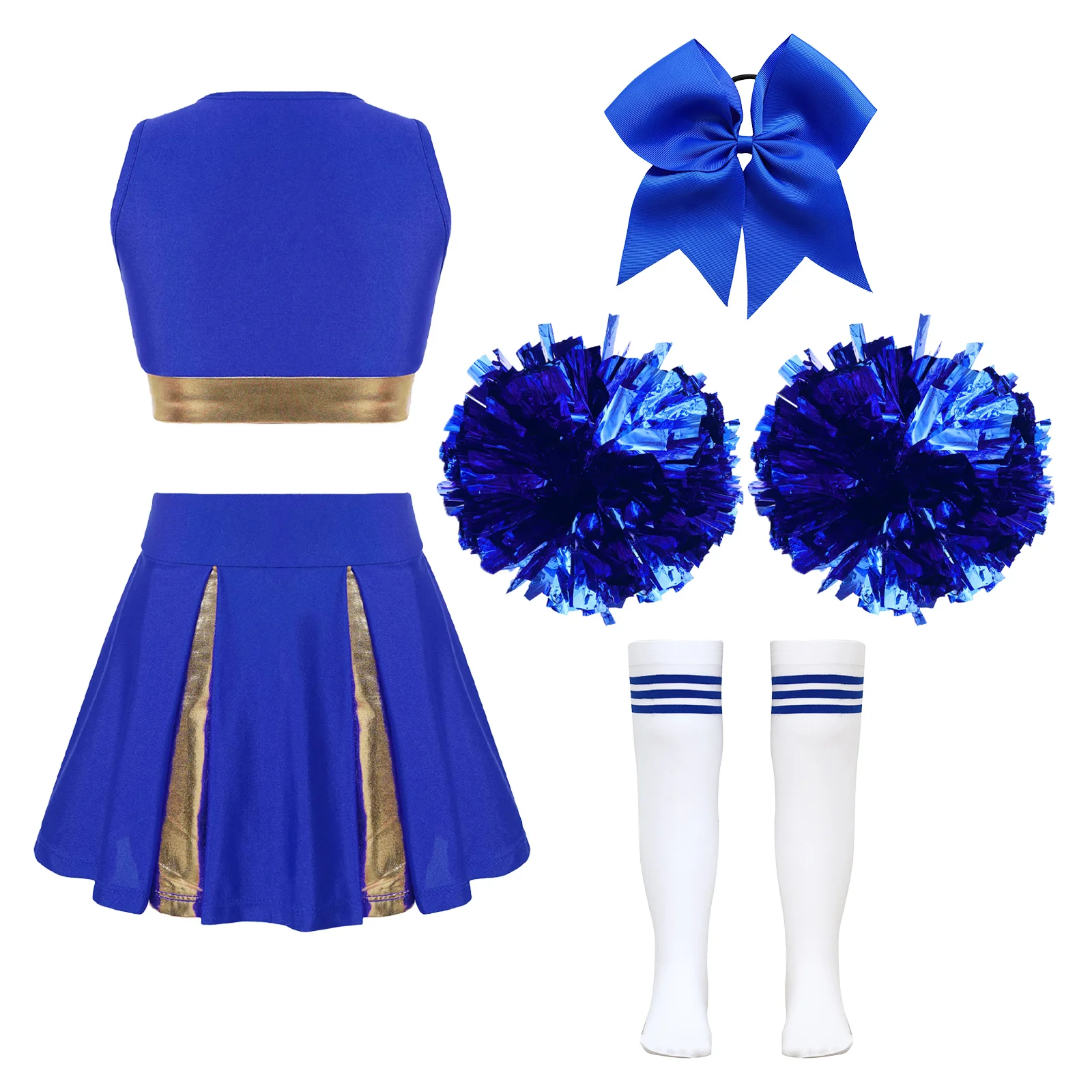 5Pcs Kids Girls Halloween Cheerleader Costume Outfit Uniform Set Cheerleading Dance Dress with Socks Pompom for Role Play Party