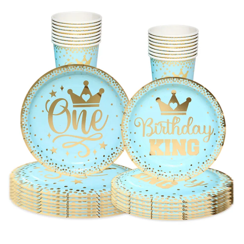 8Guests Blue One Birthday Tableware Stamping Crown One Paper Plate Napkin Cup 1st Baby Boy King First Happy Birthday Party Decor