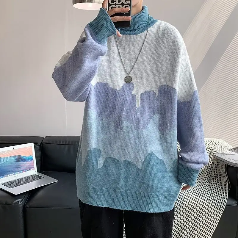 

Свободный вязаный свитер с цветными вставками и круглым вырезом для мужчин, осенне-зимний, модный, в стиле Hong Kong, длинный рукав, повседневный, с круглым вырезом