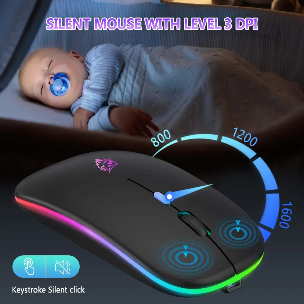 Mouse nirkabel Bluetooth dan 2.4GHz mode ganda, Mouse nirkabel isi ulang RGB ergonomis klik senyap untuk PC iPad Laptop ponsel TV