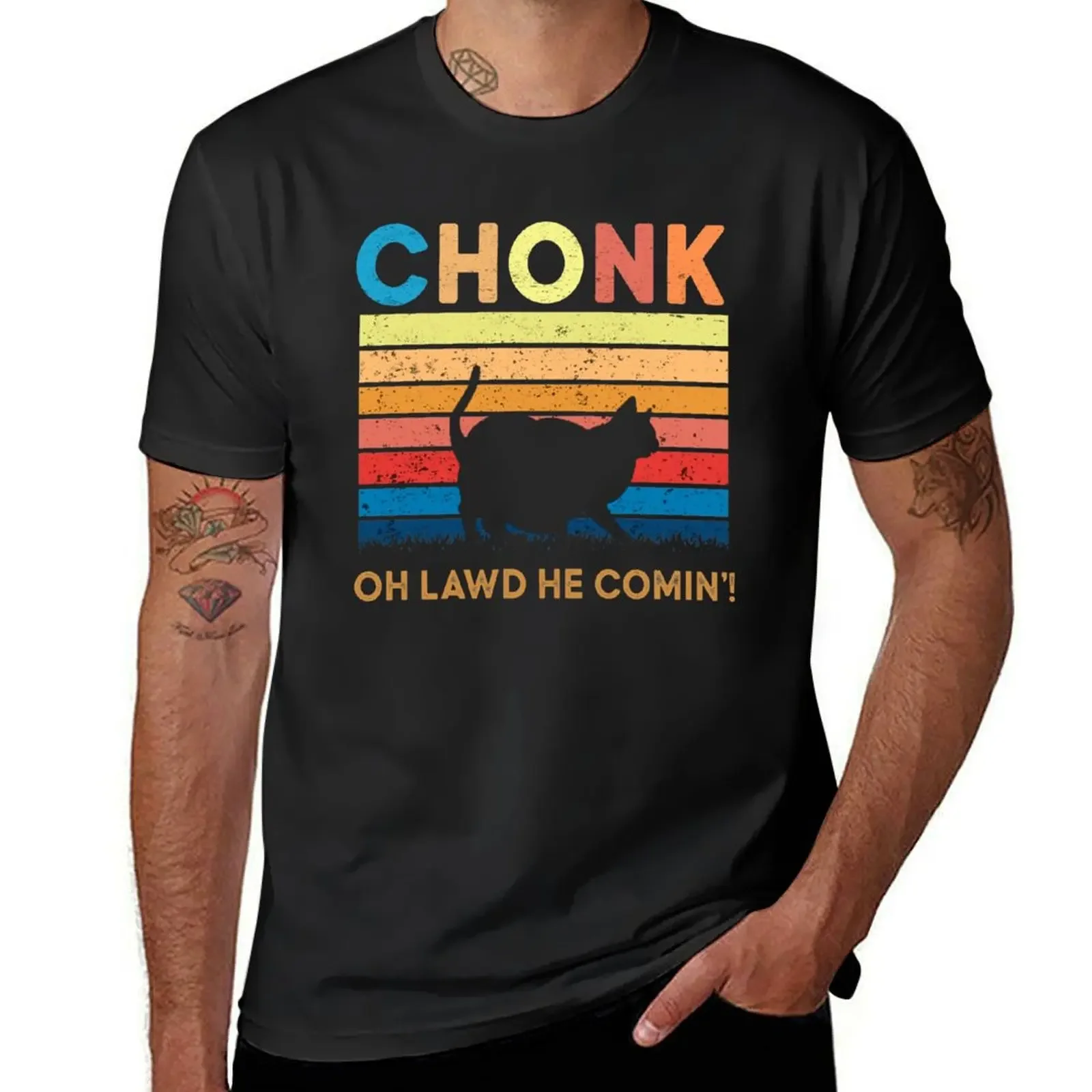 Funny Chonky cat oh lawd he comin chonk Scale absolute unit Cat meme retro vintage T-Shirt customizeds mens t shirts pack