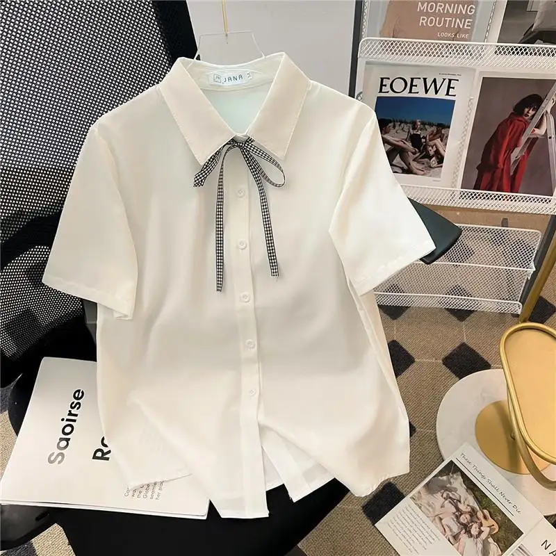 Summer New Peter Pan Collar Bow Drawstring Solid Blouses Women's Preppy Style Student All-match Button Short Sleeve Shirts Tops