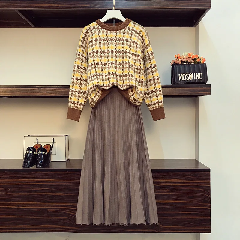 

Casual Knitted Two-piece Set For Women O Neck Pladi Sweater Tops And Stripe Skirt Large Size Female Spring Autumn Matching Suits